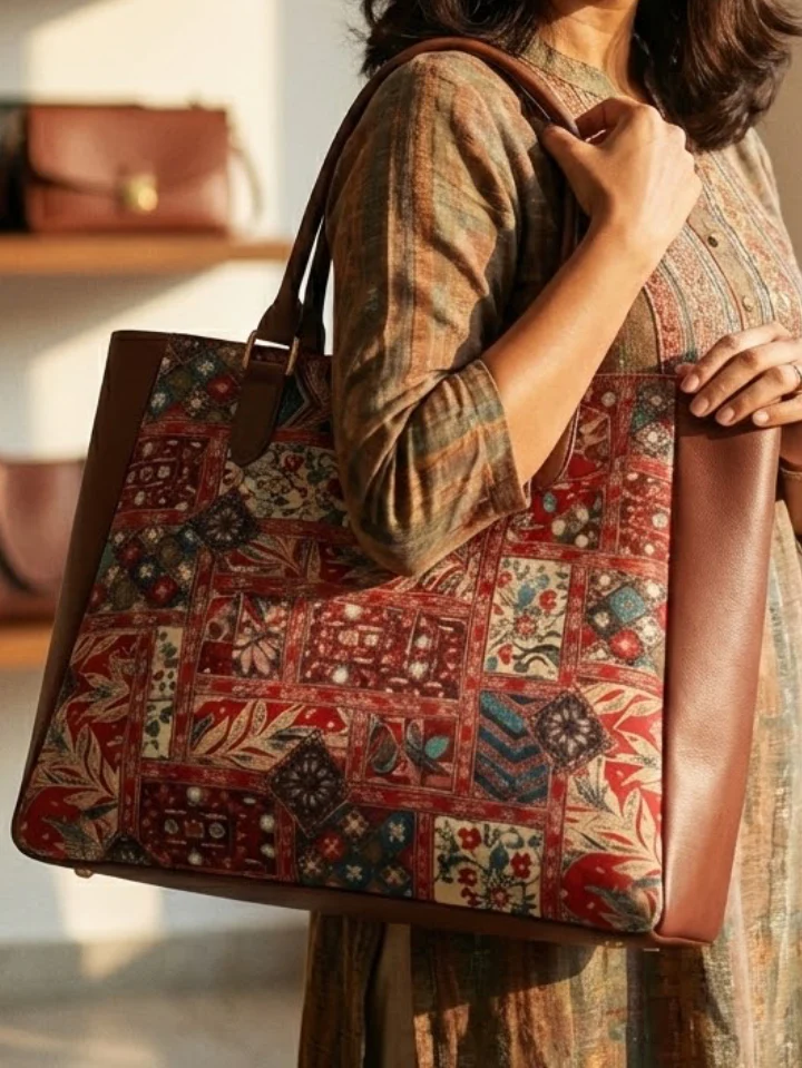 Leather Handles Printed Big Size Handbag With Zip Pockets - Image 3