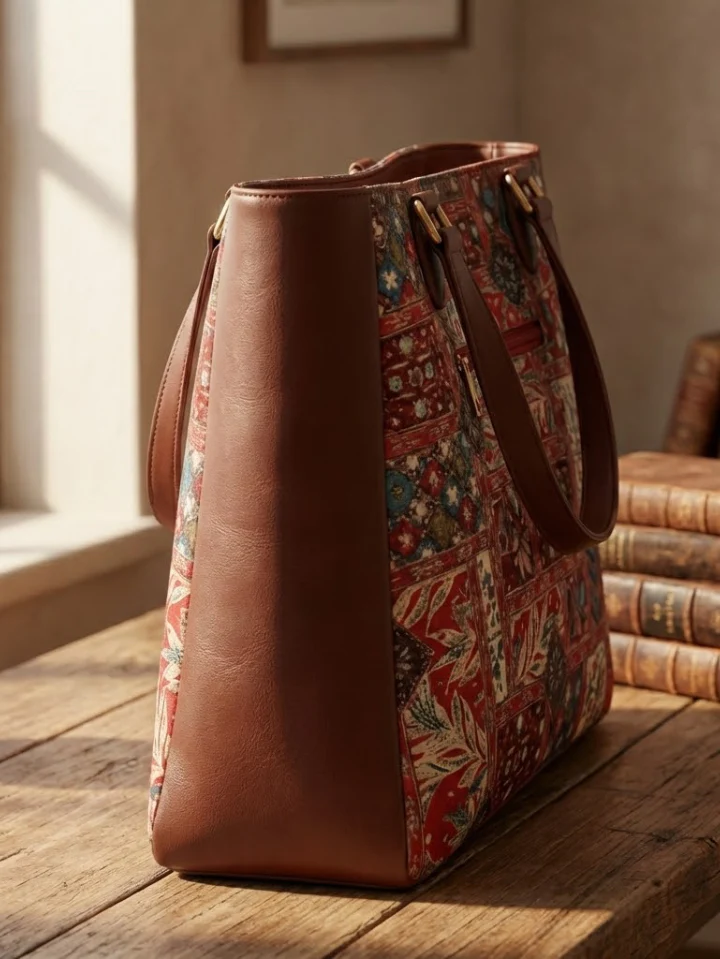 Leather Handles Printed Big Size Handbag With Zip Pockets - Image 4